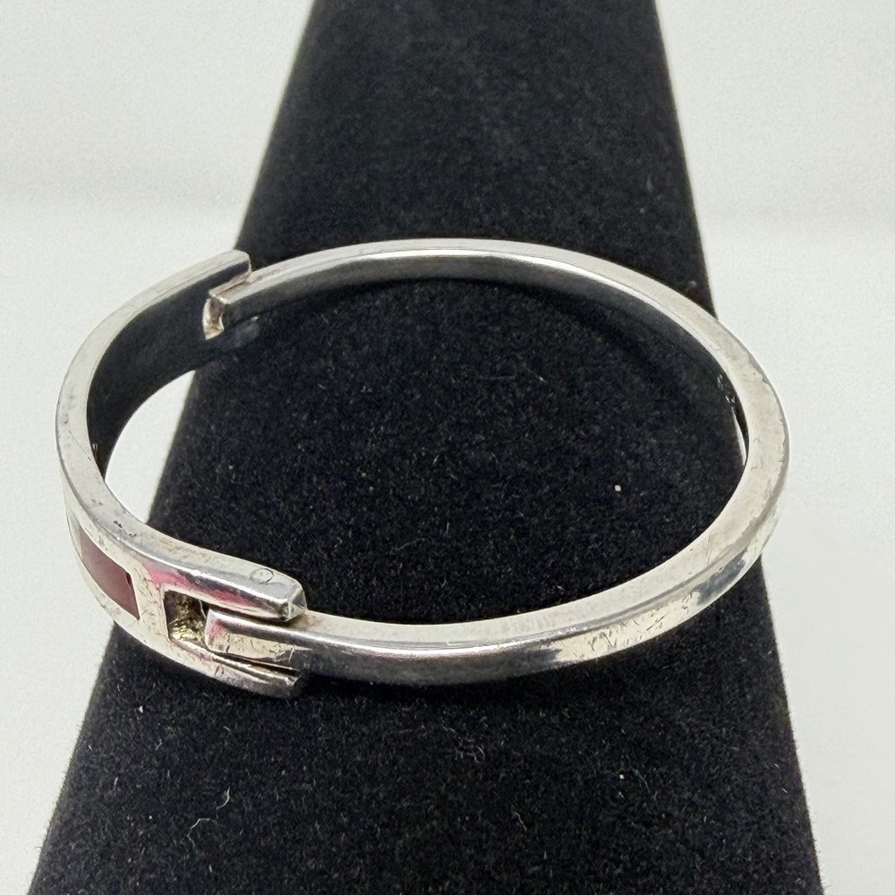 Vintage Mexico‎ 925 Sterling Silver Abalone Red Shell Inlay Hinged Cuff Bracelet - Picture 8 of 16